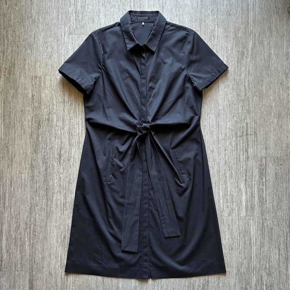 ✨ Elie Tahari Black Short Sleeve Waist Tie Button Down Classic Shirt Dress Sz 12